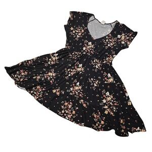 Floral Babydoll Dress XXL Black Soft V-Neck Tiered Short Sleeve Sundress Plus 2X